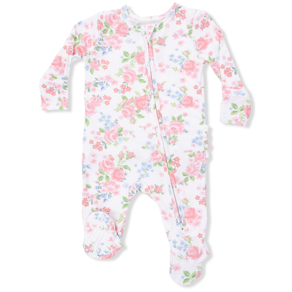 Floral baby onesie with pink roses and a touch of blue on a white background