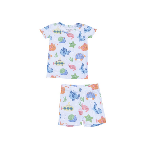 light blue short set with large printed ocean life and submarines 
