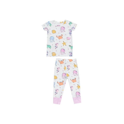 light green two piece short sleeve lounge wear set with pink cuffs and different colored sea life print