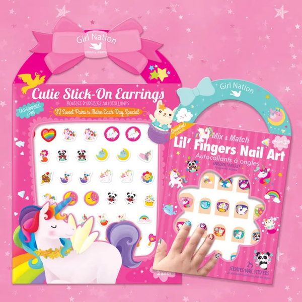 “Cutie Gift Set with Unicorn Fantasy Stick-On Earrings and Lil’ Fingers Nail Art, featuring unicorn, rainbow, and mermaid designs for kids.”