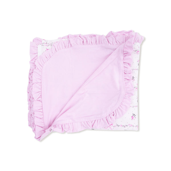 Flat folded view of the floral stripe print in pink and gray tones on white background