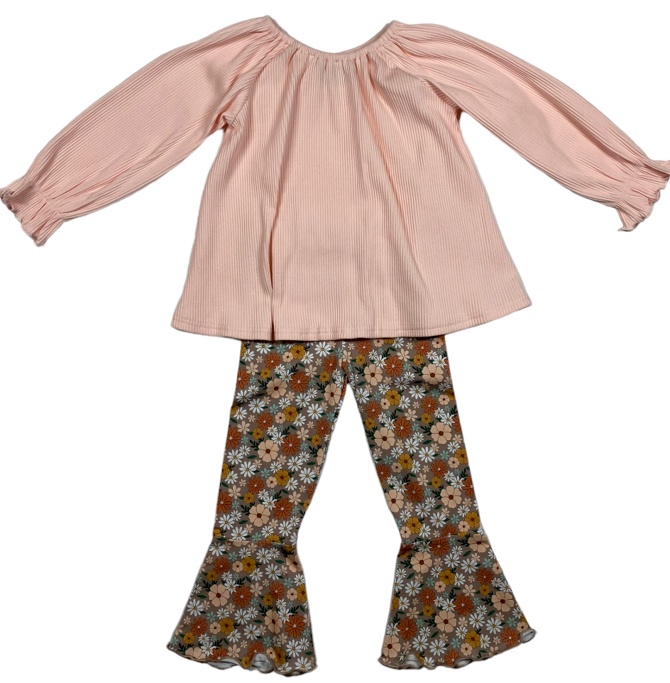 pink long sleeve shirt with brown floral bell bottom pants