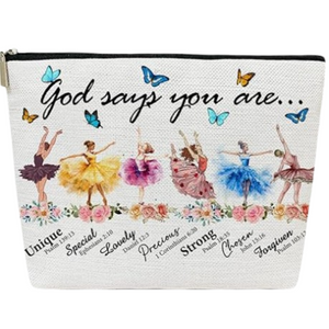  Canvas cosmetic bag with ballerina illustrations, Bible affirmations, butterflies, and floral trim, titled "God says you are..."