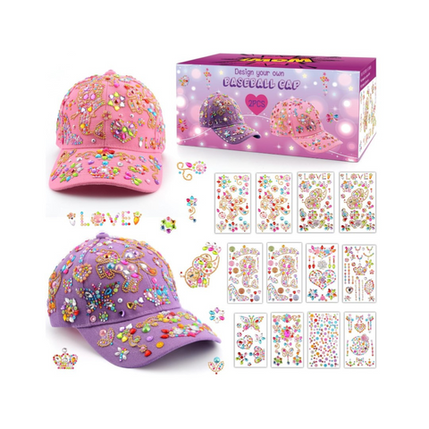 DIY decorate-your-own baseball cap kit with pink and purple hats, colorful gem stickers, and a vibrant gift box.
