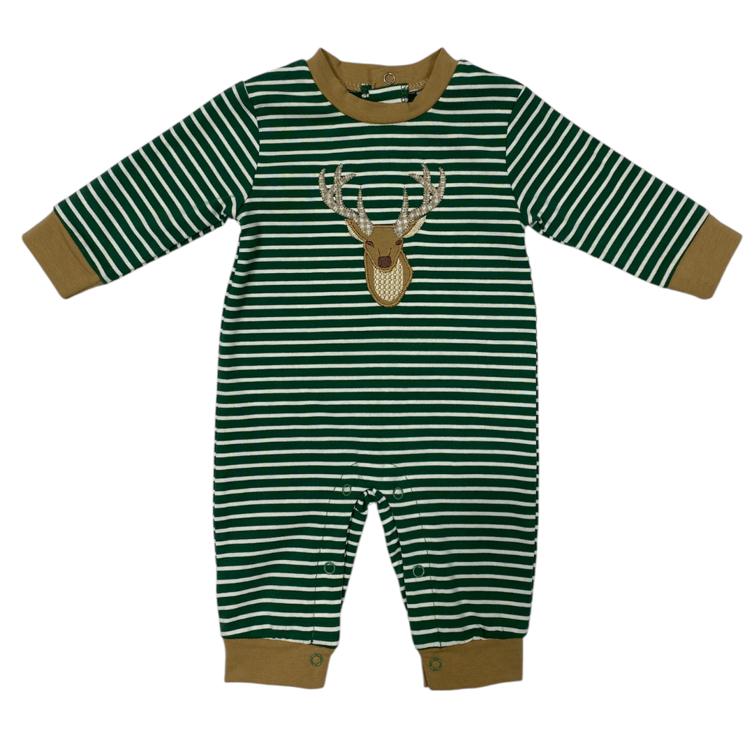 Green white stripped baby boy romper with trimmed in brown accents with deer applique on the front. 