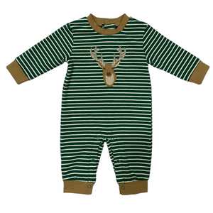 Green white stripped baby boy romper with trimmed in brown accents with deer applique on the front. 