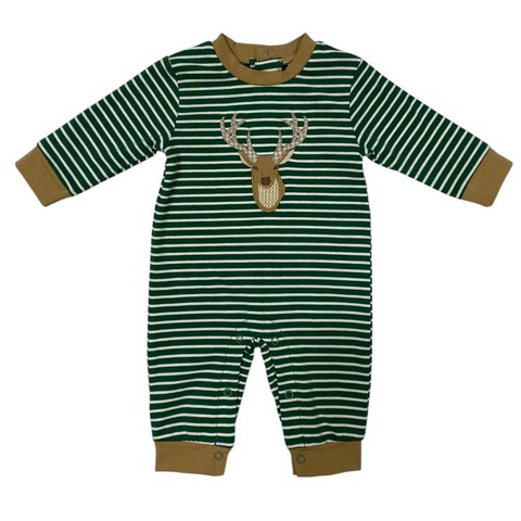 Green white stripped baby boy romper with trimmed in brown accents with deer applique on the front. 