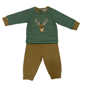 Children's outfit with green and brown striped shirt and brown pants with a deer applique on a white background