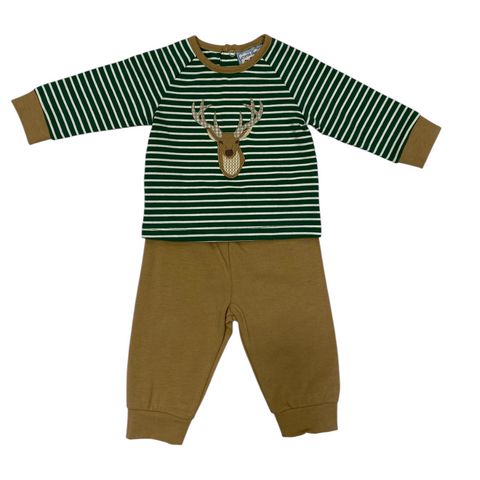Children's outfit with green and brown striped shirt and brown pants with a deer applique on a white background