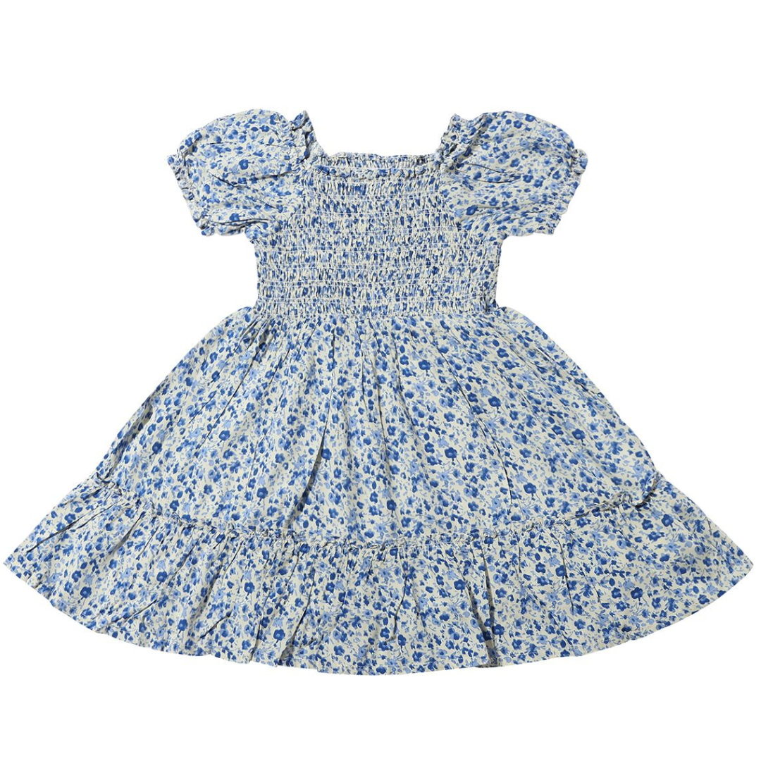 China blue floral ruffle dress with smocked elastic bodice and short puff sleeves and a square neckline
