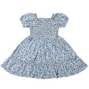 China blue floral ruffle dress with smocked elastic bodice and short puff sleeves and a square neckline
