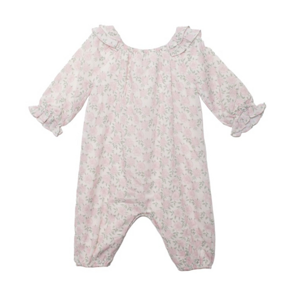 Light pink baby romper with soft green floral print, long sleeves, ruffled cuffs, and a gathered back view.