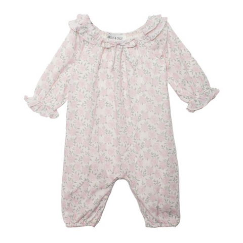 Front view of pink floral baby romper featuring ruffle collar, gathered neckline, and elasticized legs.