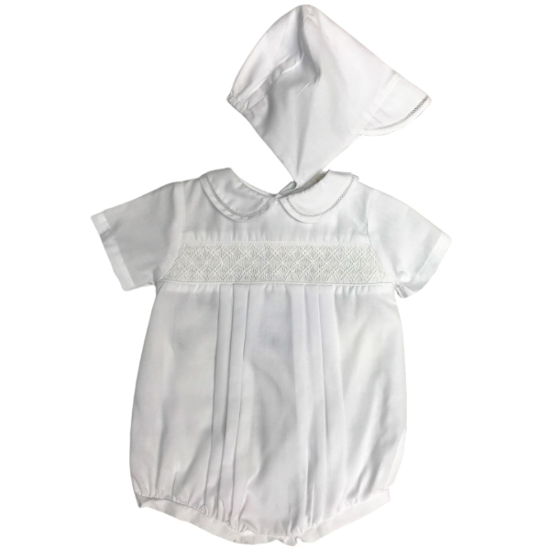 white short sleeve baby boy bubble with diamond geometric smocking across the chest and a matching bonnet