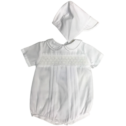 white short sleeve baby boy bubble with diamond geometric smocking across the chest and a matching bonnet