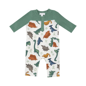 Green and white daywear romper with different colored dinos