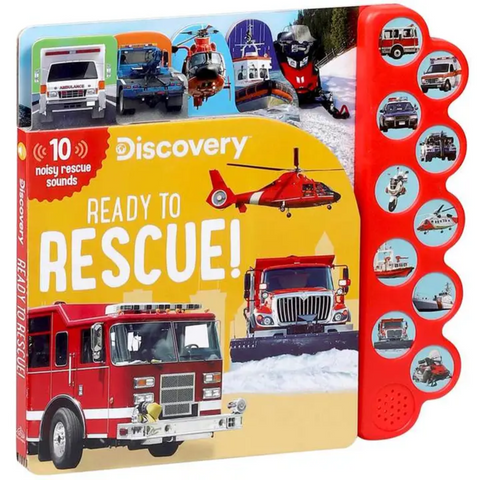 Discovery Ready to Rescue 10-button sound book featuring real photos of emergency vehicles like fire trucks and helicopters with sound buttons