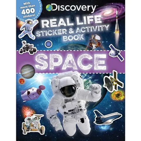 Discovery Space Real Life Sticker & Activity Book with astronaut and over 400 realistic space stickers on a cosmic background