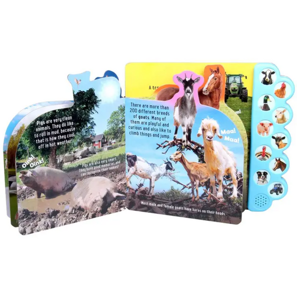 Inside pages with pigs in mud and goats climbing trees with sound buttons and fun animal facts.