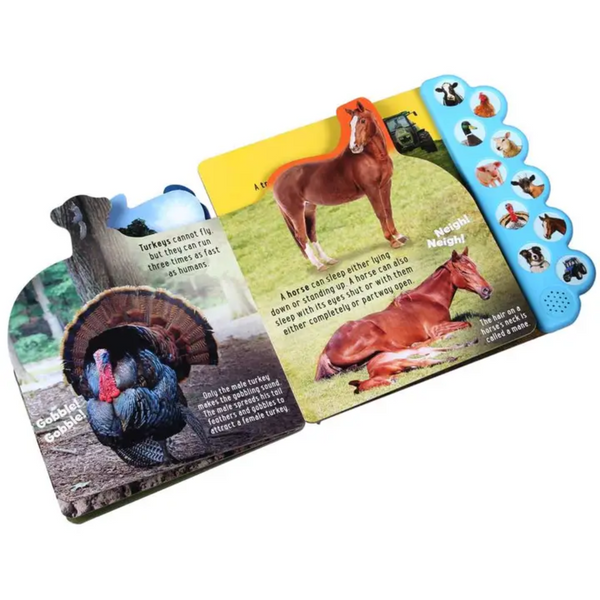 Spread with turkey and horse showing text and photos with sound cues.