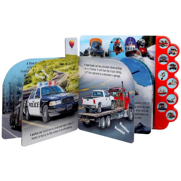 Discovery Ready to Rescue 10-button sound book featuring real photos of emergency vehicles like fire trucks and helicopters with sound buttons
