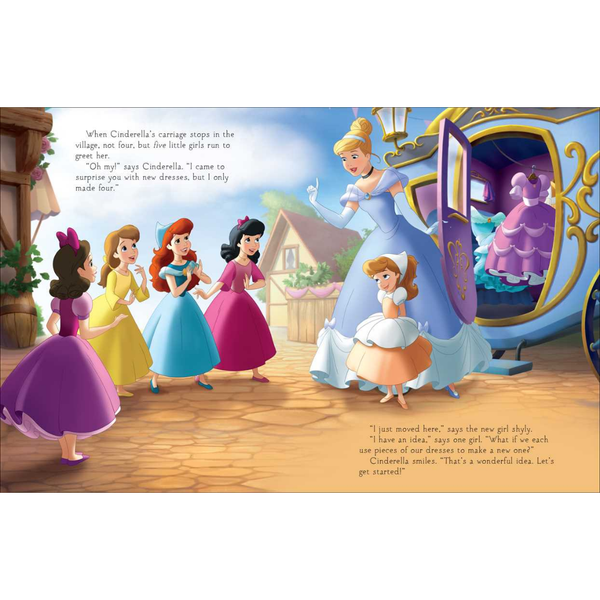 Illustration of Disney princesses in a storybook setting with a coach and castle.