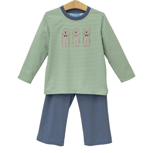 Green and white striped long sleeve top with puppy appliqués and navy blue pants for boys.

