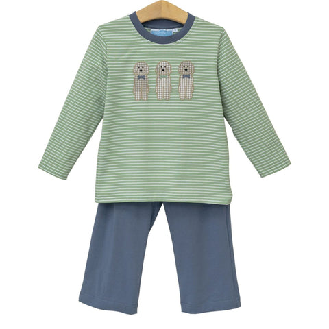 Green and white striped long sleeve top with puppy appliqués and navy blue pants for boys.

