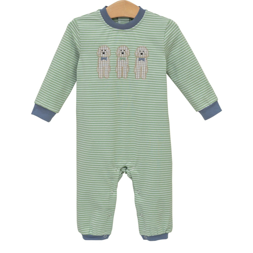 Adorable green striped romper with puppy appliqué and navy trim. Soft, comfy, and easy to snap—perfect for baby boys on the go!

