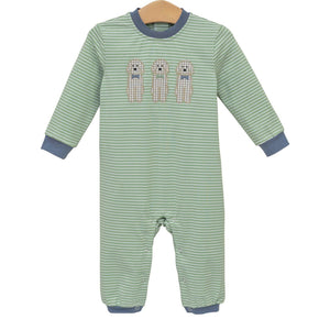 Adorable green striped romper with puppy appliqué and navy trim. Soft, comfy, and easy to snap—perfect for baby boys on the go!

