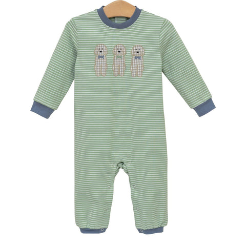 Adorable green striped romper with puppy appliqué and navy trim. Soft, comfy, and easy to snap—perfect for baby boys on the go!


