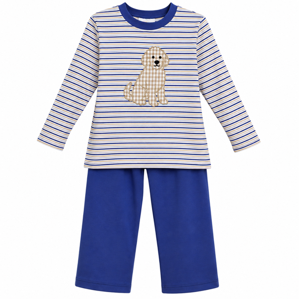 Boys blue and white striped long-sleeve shirt with gingham puppy appliqué paired with solid royal blue knit pants.