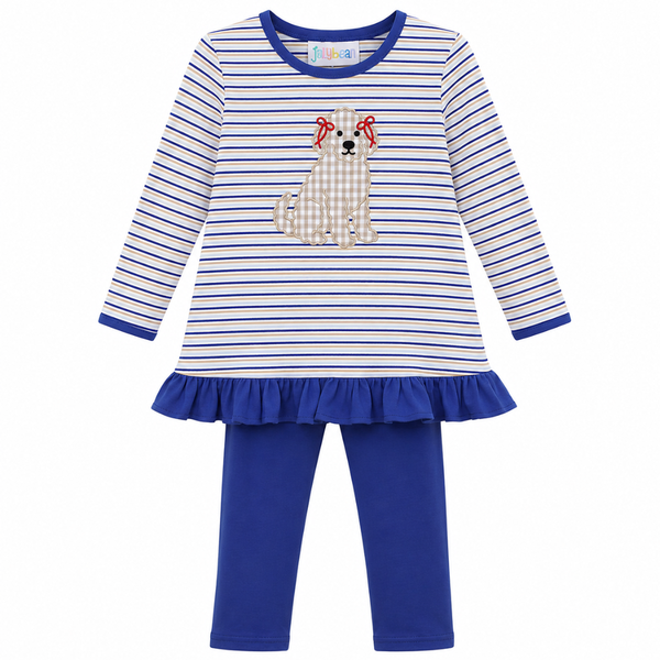 Girls blue and white striped ruffle tunic with puppy appliqué and red bows paired with solid royal blue leggings.