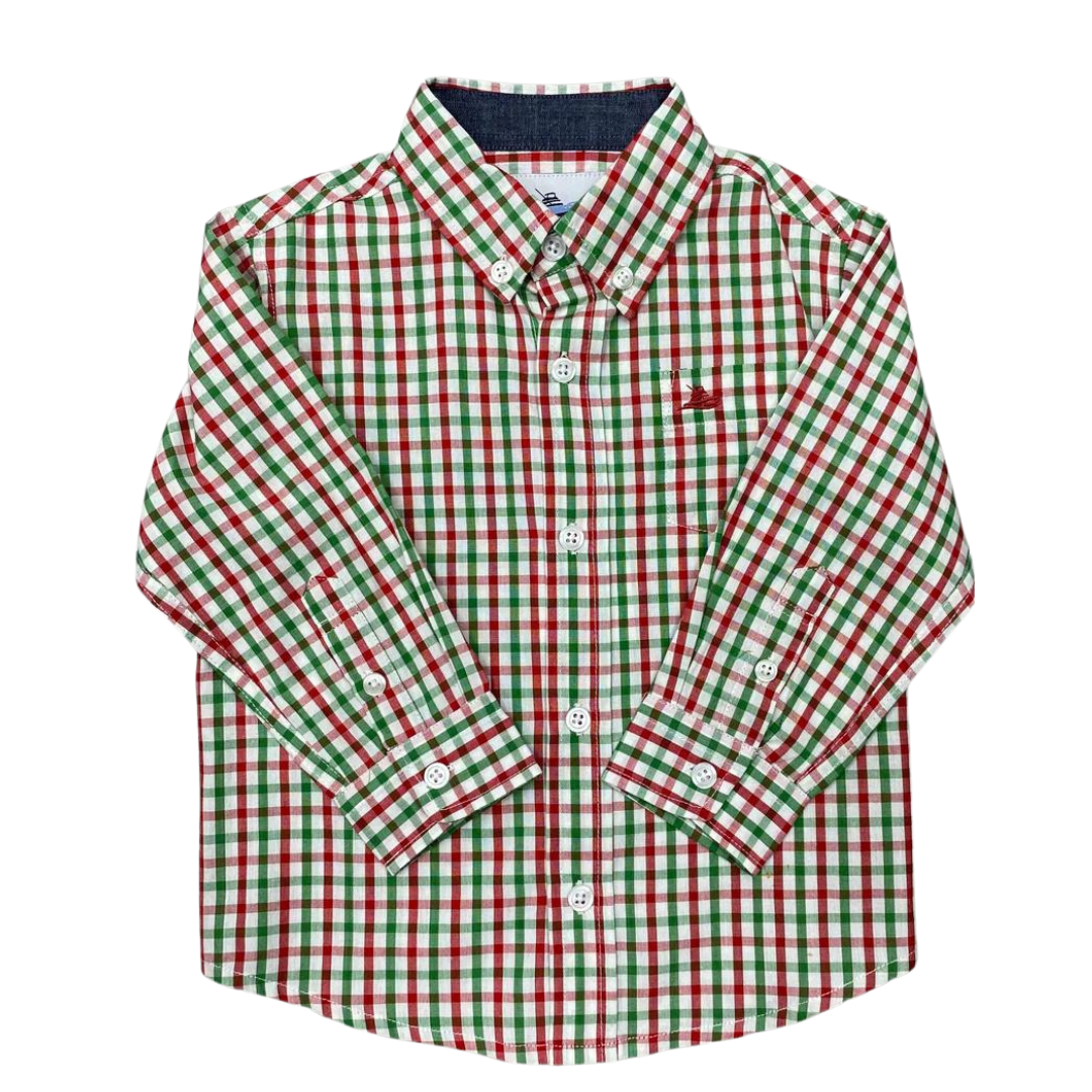 Green and red plaid long sleeve dress shirt