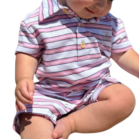Pink and Navy Pique Polo Romper