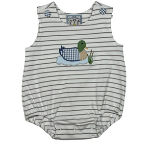 white and brown striped boys bubble with mallard duck applique