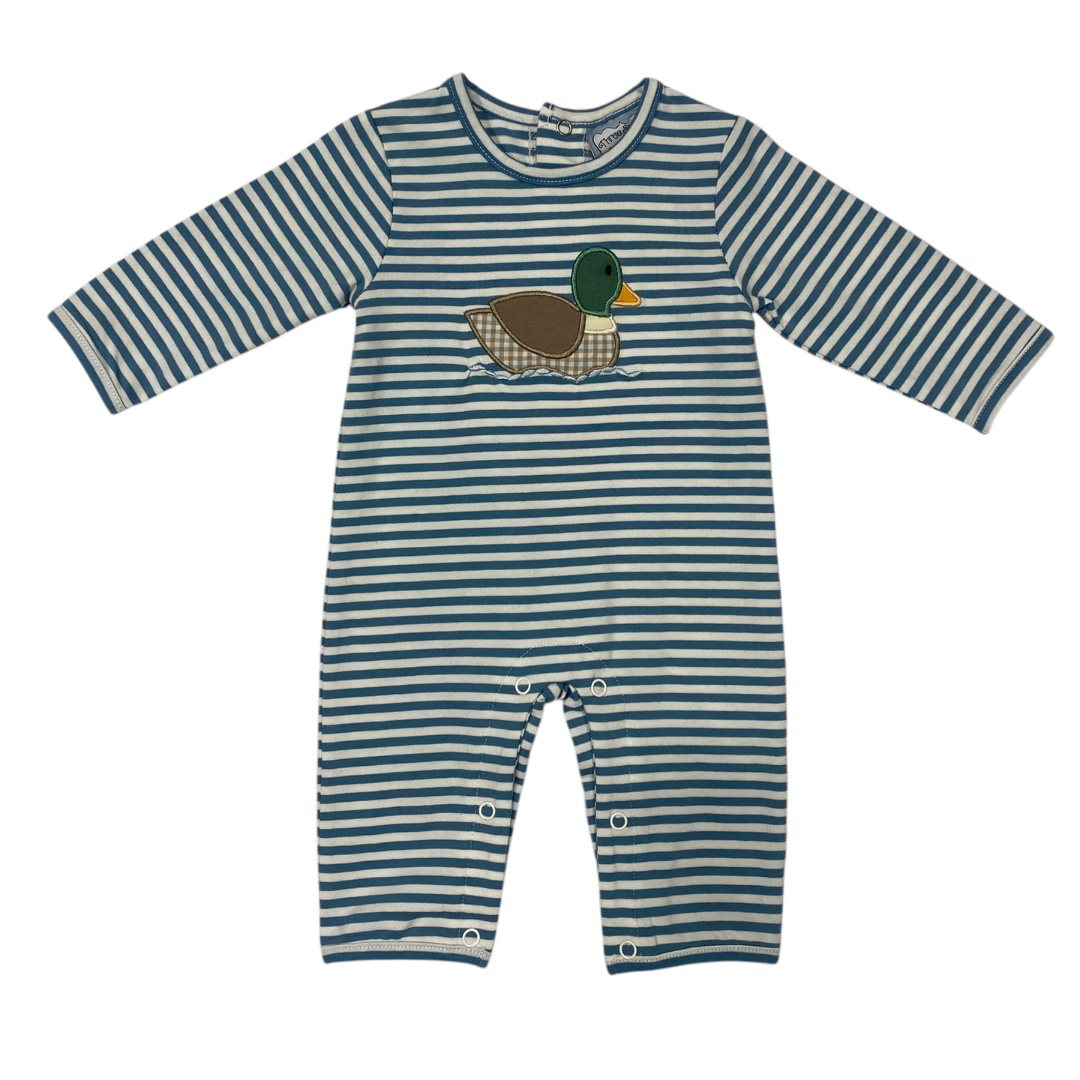 Light Blue Striped baby romper with duck applique on a white background
