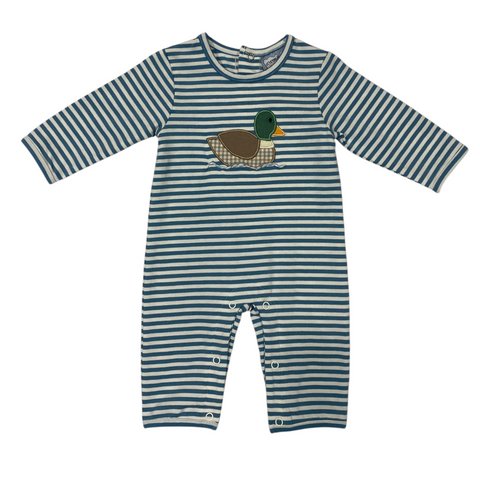 Light Blue Striped baby romper with duck applique on a white background