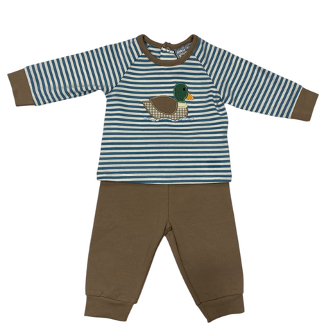 Children's outfit with striped shirt and brown pants featuring a duck applique on a white background