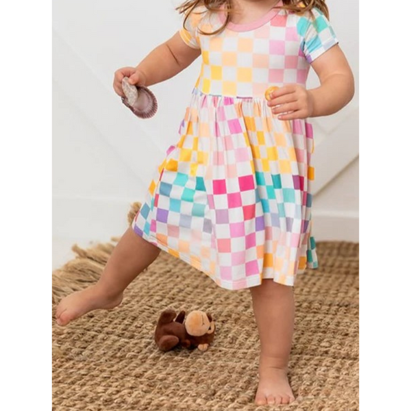 Pastel checkered Easter dress with a smocked bodice, flutter sleeves, and a Peter Pan collar.

