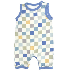 Pastel checkered Easter shortall with button straps and side button closures for boys.