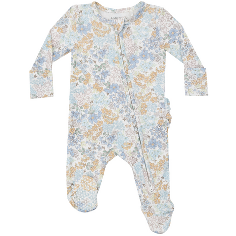 two way zipper ruffle back footie with blue purple and orange flowers