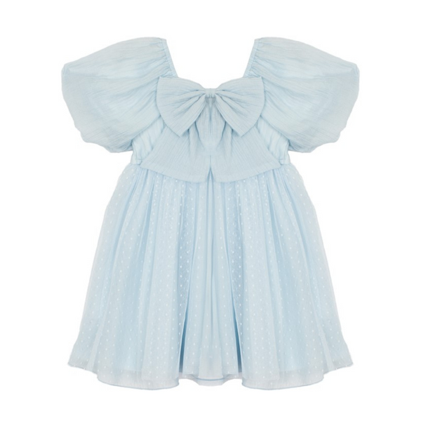 back of blue ella dress with bow on the back