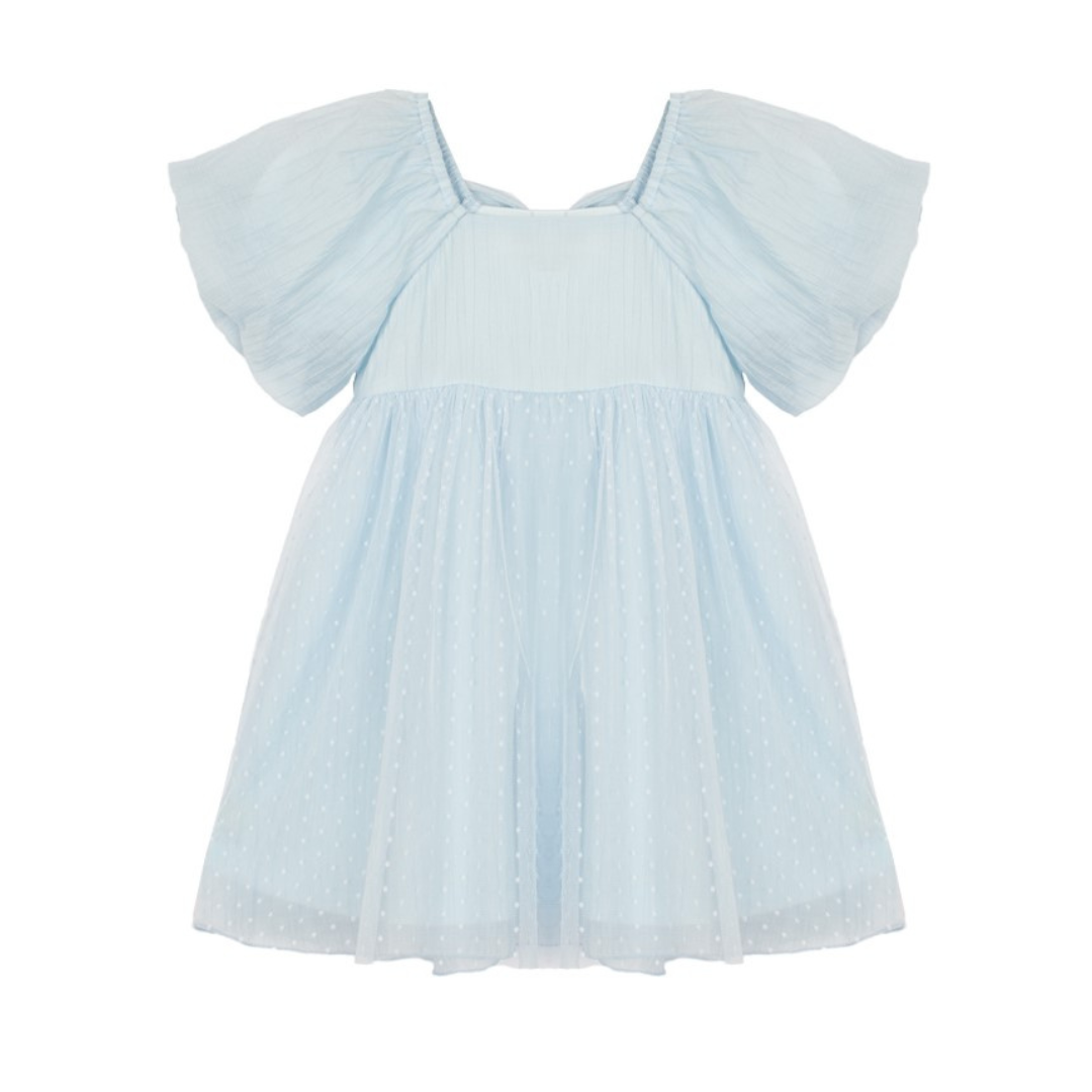 front of blue ella dress with puffy sleeve and tool skirt
