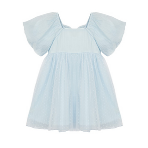 front of blue ella dress with puffy sleeve and tool skirt
