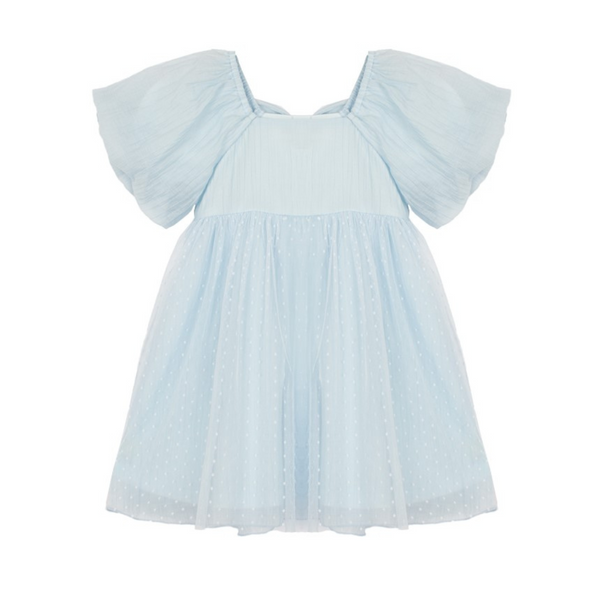 front of blue ella dress with puffy sleeve and tool skirt
