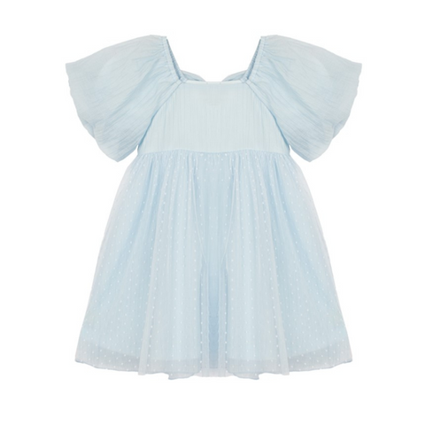 front of blue ella dress with puffy sleeve and tool skirt
