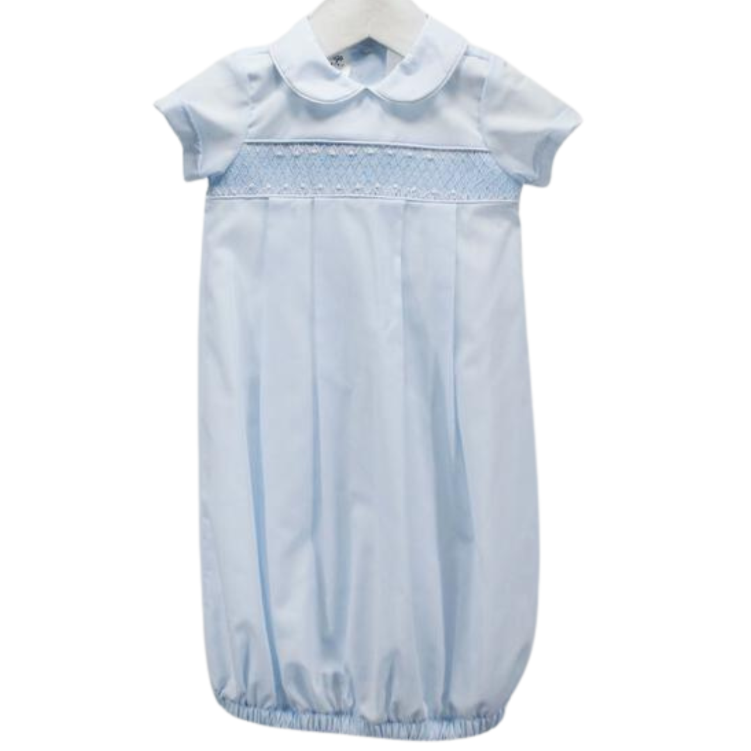 light blue short sleeve baby gown.  Rounded collar and geometric hand smocked bodice and elastic bottom