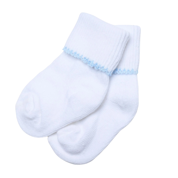 White socks with light blue trim on a white background
