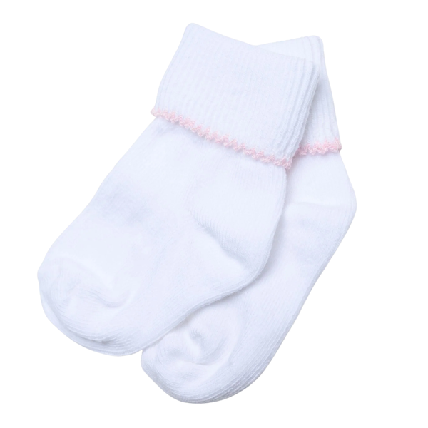 A pair of white ankle socks with a delicate light pink textured trim at the ribbed cuffs, shown against a plain white background.